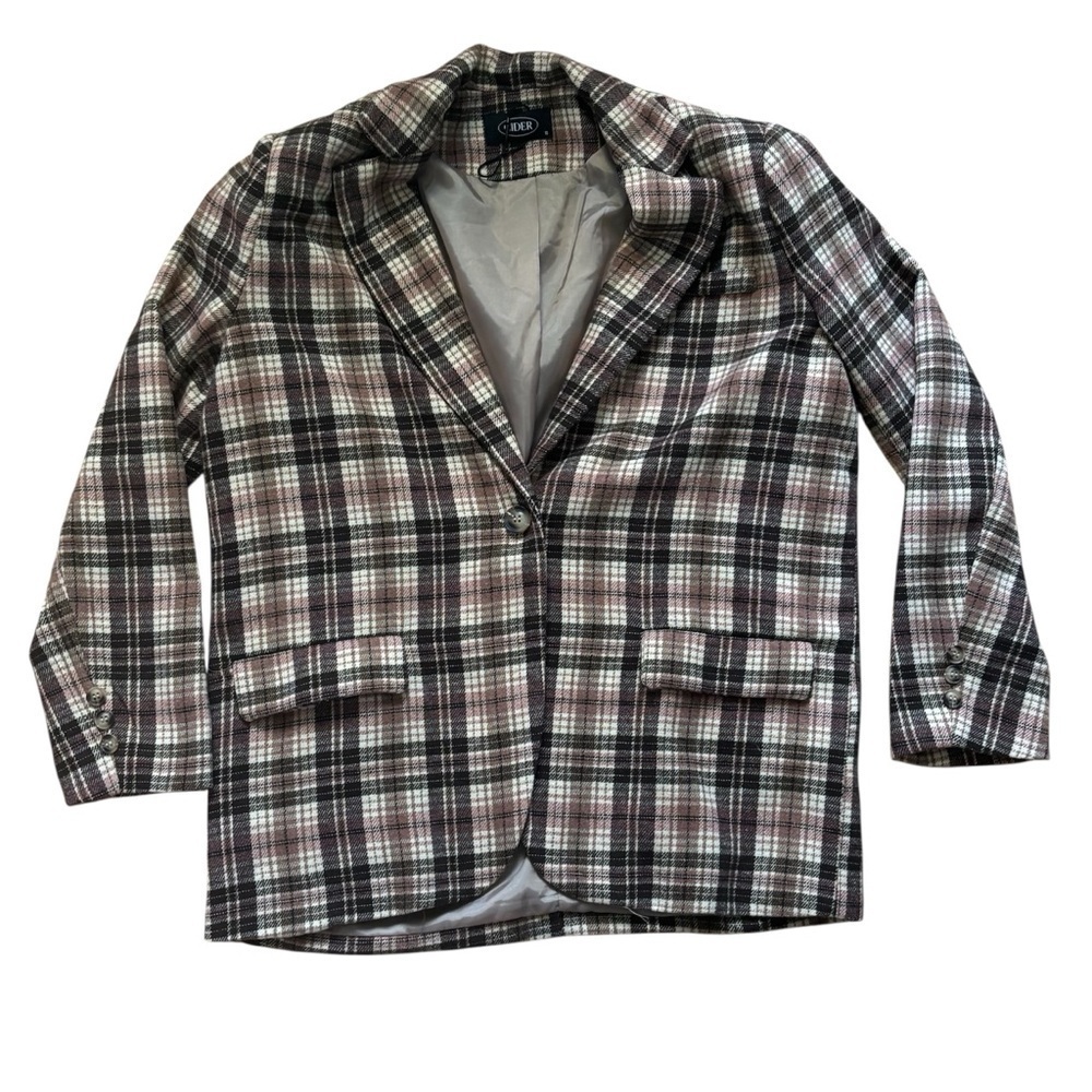 Cider Retro Plaid Pattern Blazer Womens Size Small Camel Brown Pink Oversized - Picture 2 of 5